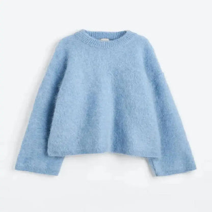 O-neck Rib Knitted Mohair Long Sleeve Women Autumn Winter Loose Cropped Jumper Casual Fashion Sweater