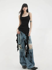 Black Asymmetric Ribbon Strap Tank Top With Ruffle Edge Design