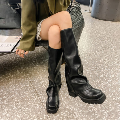 Street Style Patent Leather Over-Knee Thick Sole Long Tube Boots Spring Autumn 2024 Genuine Leather Rider Women's Shoes