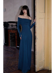 Azure Grace Off-the-Shoulder Evening Gown