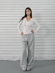 Slim-Fit Button-Up Ribbed Long Sleeve Top