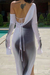 Street Style printed long-sleeved slit dress