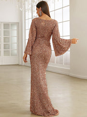 Sequined Long Sleeve Deep V Neck Elegant Slim Fit Evening Dress