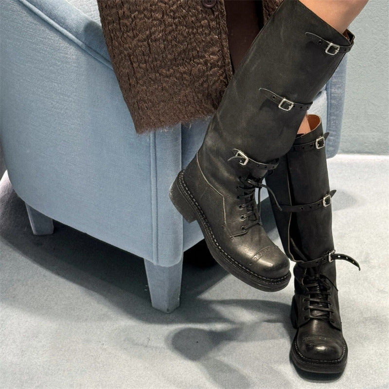 Cowhide Version Miu 2024 Runway Vintage Long Boots Distressed Leather Belt Buckle High Rider Women's Shoes