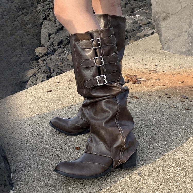 Convertible Belt Buckle Long Boots Brown Western Cowboy Ruched Over-Knee Rider Summer 2024 Women's Shoes