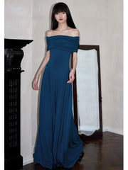Azure Grace Off-the-Shoulder Evening Gown