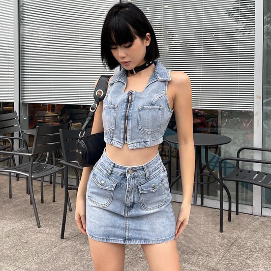 Zipper Sleeveless High Waist Pocket Denim Suit