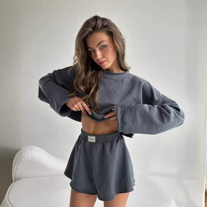 Knitted Long Sleeve Hoodie Shorts Jogger Suit