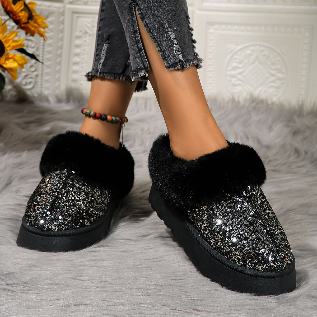 Thick Plush Sequined Bread Plus Size  Women's Autumn Winter New Snow Boots Shoes