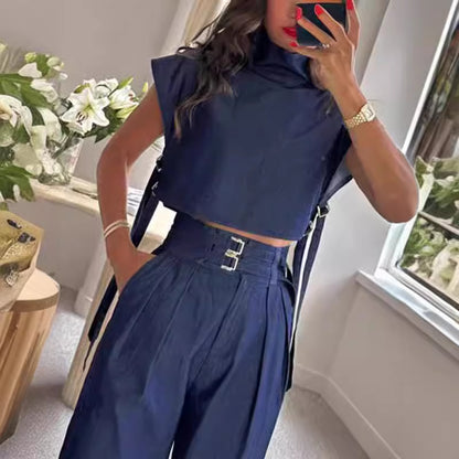 Casual Belted High Neck Long Pants Suit