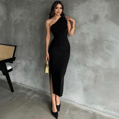 One Shoulder Short Sleeve Asymmetrical Midi Bodycon Dress HB75620