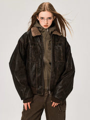 PU Leather Jacket with Lamb Wool Collar