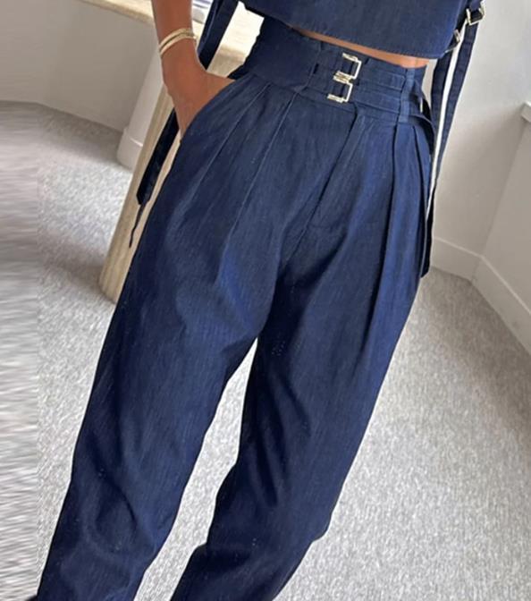 Casual Belted High Neck Long Pants Suit