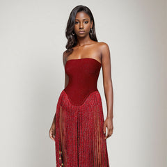 Strapless Fringe Red Dress