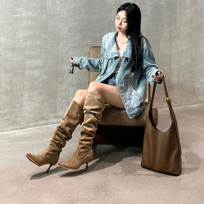 2024 New  Fashion Wholesale Autumn Winter Long Tube Ruched Pointed Toe Thin Heel High Boots Shoes