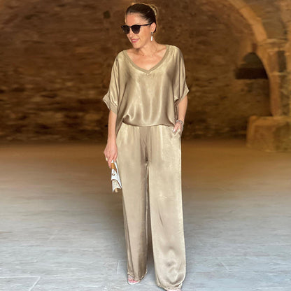 Plus Size Loose V-Neck Casual Wide-Leg Pants Suit