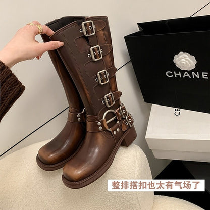 Chunky Heel Brown Martin Boots Metal Decorated Long Tube Rider Spring Autumn 2024 Women's Shoes