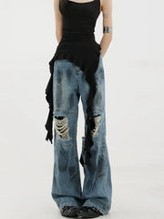 Vintage Distressed And Dirt-Dyed Patchwork Wide-Leg Jeans