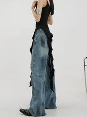 Vintage Distressed And Dirt-Dyed Patchwork Wide-Leg Jeans