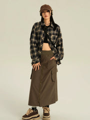 Oversized Navy Plaid Button Up Shirt