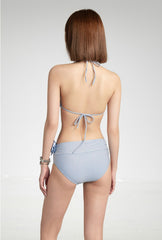 Dusty Blue Floral Accent Bikini with Maxi Sarong Skirt Set