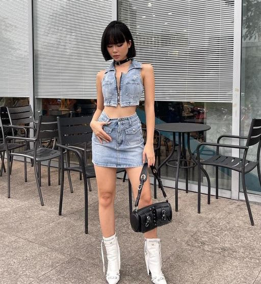 Zipper Sleeveless High Waist Pocket Denim Suit