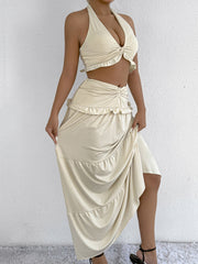 Halter Neck Two Piece Low Waist Hem Hip Long Skirt
