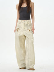Embroidered Cream Wide Leg Pants