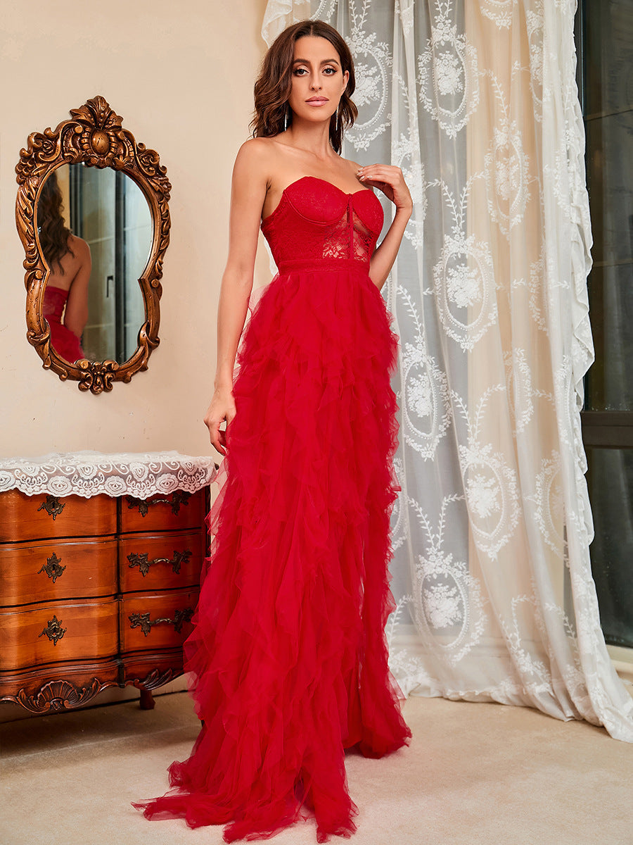 2024 Tiered Ruffles High Split Red Formal Women Evening Dress