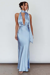 Plunging Halter Scarf Open Back Cocktail Dress