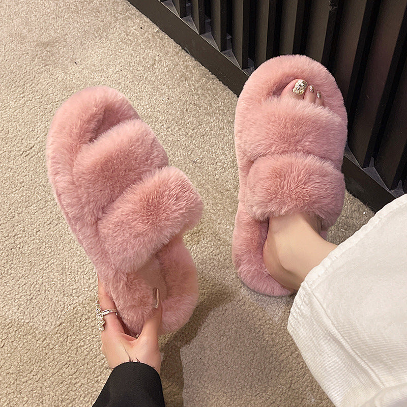 Thick Sole Cross Strap Fur Slippers Soft Sole Autumn Winter 2024 New Women's Home Cotton Sample Shoes