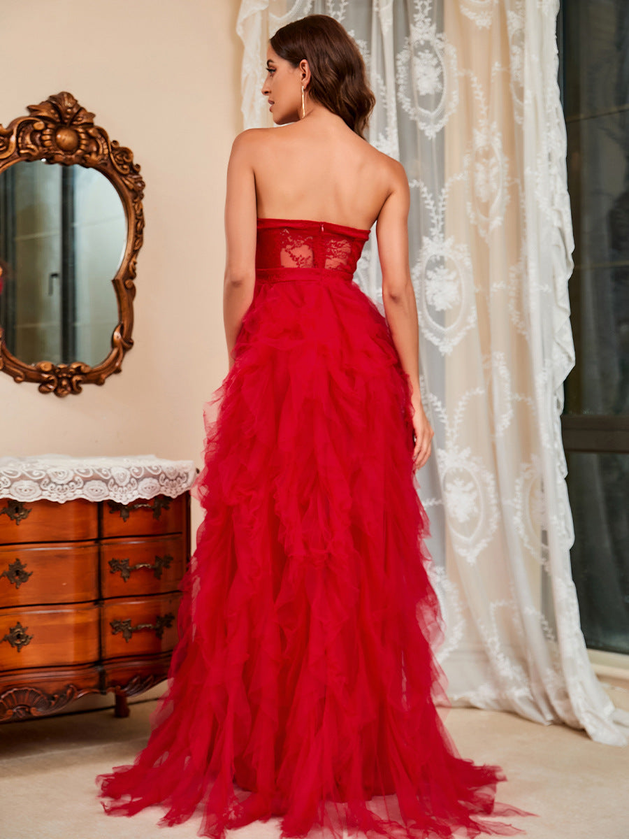 2024 Tiered Ruffles High Split Red Formal Women Evening Dress