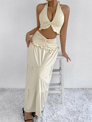 Halter Neck Two Piece Low Waist Hem Hip Long Skirt