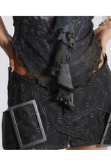 Washed old PU leather double-breasted skirt