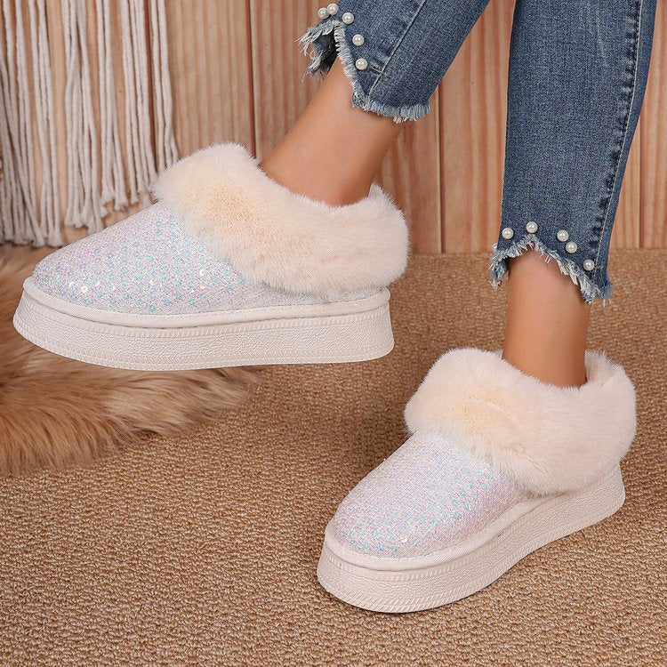 Thick Plush Sequined Plus Size  Autumn Winter New Women's Snow Boots Shoes