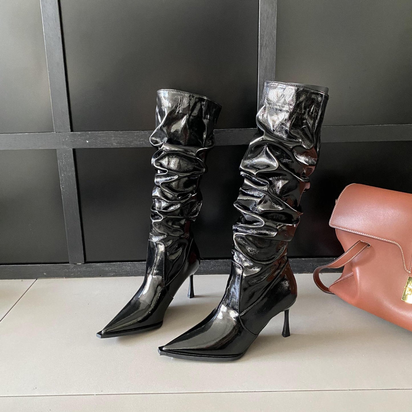 Pointed Toe Ruched Over-Knee High Heel Long Tube Rider Boots Autumn Winter 2024 Women's Shoes