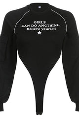 Black Bodysuit with sleeve pocket and raglan print