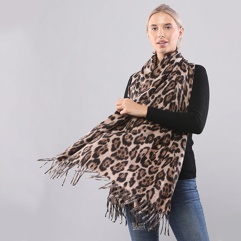 Autumn Winter Long Leopard Print Fringe Double-Sided Thick Warm Cozy Scarf