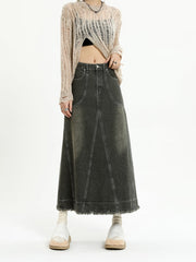 Frayed Hem Denim Midi Skirt
