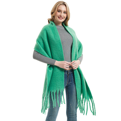 Autumn Winter Long Fringe Thick Plain Green Scarf