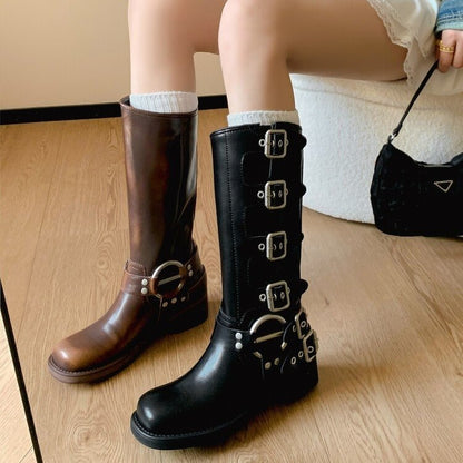 Chunky Heel Brown Martin Boots Metal Decorated Long Tube Rider Spring Autumn 2024 Women's Shoes