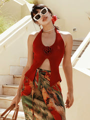 Halter Neck Knit Rose Top