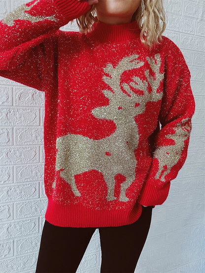 Shiny Loose O-Neck Christmas Sweater - Autumn/Winter Fashion