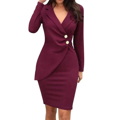 2024 Office Women Buttons Slim Zipper Bodycon Suit Dress