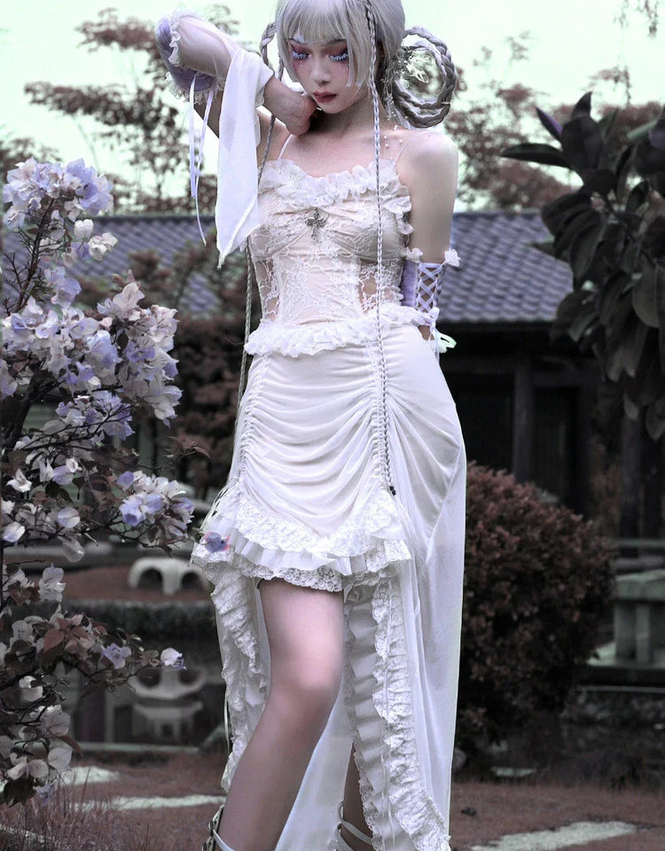 Lace Strap Light Summer Party Gothic Sleeve Lolita Evening Rope Flying Dress Stiletto Asymmetric White