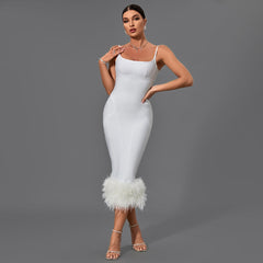 White Strappy Feather Midi Bandage Dress