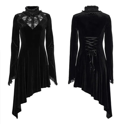 Asymmetric Hem Dense Velvet Lace Metal Adjustable Waist Back Cord Gothic Dress