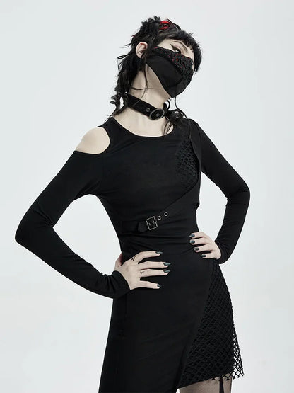 Long Sleeve Collar Removable Shoulder Hollow Elastic Knitted Stitching Diamond Mesh Metal Gothic Dress