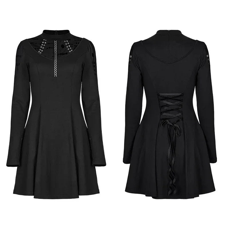 Long Sleeve Daily Wear Mesh Knitted 3D Chain Printing Drawstring Waist Retro Gothic Dress