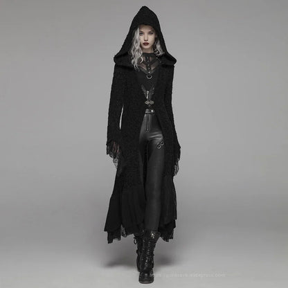 Gothic Retro Black Long Hooded Woolen Costume Halloween Warm Cozy Stylish Cardigan